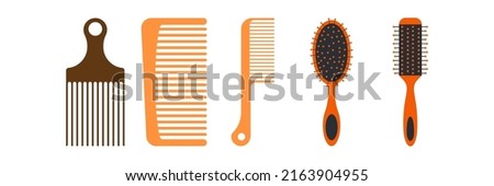 Fashion equipment collection of combs hairbrush for hair, set icon of different types of combs, vector barber shop, Hairdresser style accessories, hairdryer Royalty-Free Stock Photo #2163904955