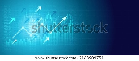 Financial graph with going up arrow and line chart in stock market on blue color background Royalty-Free Stock Photo #2163909751