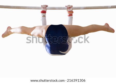 Female gymnast performing on bar, cut out