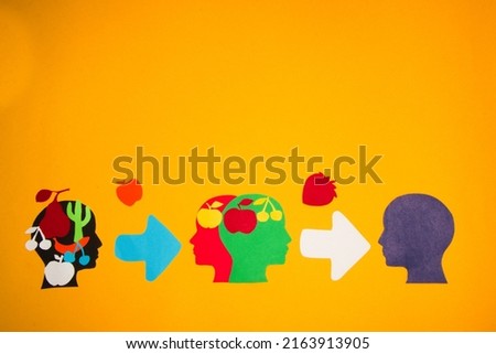 paper head creative presentation of knowledge transfer and learning, fruits represent knowledge, creative art design on the yellow background