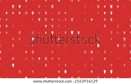 Seamless background pattern of evenly spaced white t-shirt symbols of different sizes and opacity. Vector illustration on red background with stars