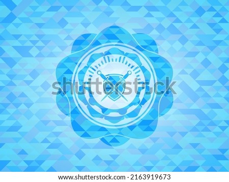 swords crossed with shield icon inside light blue emblem. Mosaic background. 