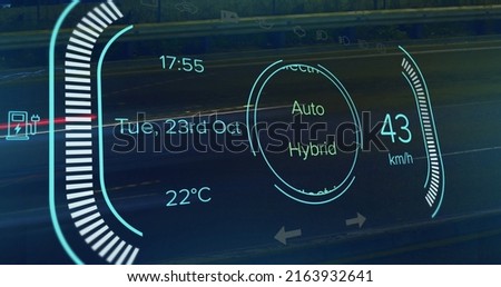 Image of speedometer, power type, charge and status data on hybrid vehicle interface. transport and technology, engineering design and digital interface concept digitally generated image.