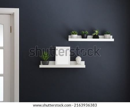A5 Frame Mock Up For Prints On A Navy Wall Background With Shelves And Plants, Empty Frame For Adding Your Own Artwork, Art Prints, Quotes and Lettering