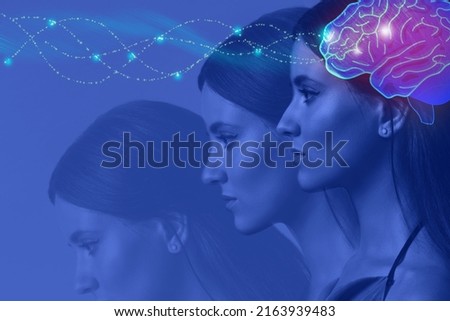 Young girl with closed eyes and neon glowing brain. Women's Mental Health and Meditation Royalty-Free Stock Photo #2163939483