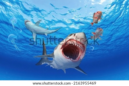 fish in the blue sea. sharks at the bottom of the ocean. 3d rendering. art ceiling. 3D Wallpaper.