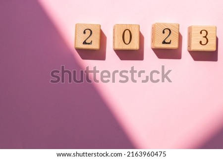 2023 word is made of wooden blocks on the pink background . Happy New Year