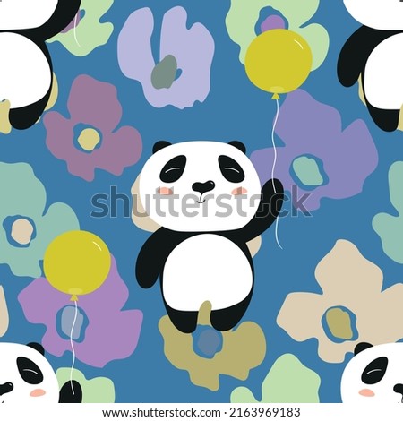 Seamless pattern with cute panda baby on color floral background. Funny asian animals. Card, postcards for kids. Flat vector illustration for fabric, textile, wallpaper, poster, gift wrapping paper.