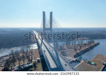 Aerial view of the motorway passing through the Redzinski Bridge in Wroclaw, Poland. Bridge with pylons