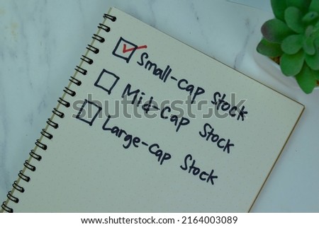 Concept of Small-Cap Stock write on a book isolated on Wooden Table.