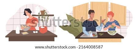 Couple cooking dinner at home, man and woman preparing food for the evening, making salad washing vegetables. Lady baking mixing eggs and flour to cook delicious pastry. Vector in flat style