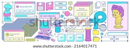 Neon old computer aestethic. Retro pc elements, user interface, psychedelic greek sculpture, smile, planet, windows, icons in trendy y2k retro style. Vector illustrations. Nostalgia for 1990s -2000s. Royalty-Free Stock Photo #2164017471