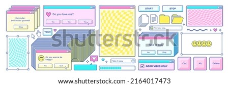 Neon old computer aestethic. Retro pc elements, user interface, operating system, windows, icons in trendy y2k retro style. Sticker pack of retro pc vector illustrations. Nostalgia for 1990s -2000s. Royalty-Free Stock Photo #2164017473