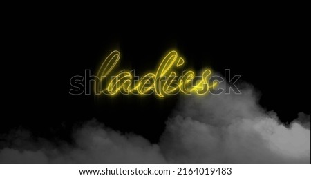 Digital image of neon yellow ladies text sign over smoke effect against black background. nightlife and bar party concept