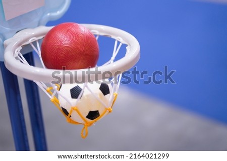 The plastic ball in the basketball hoop is a toy that enhances sports skills.