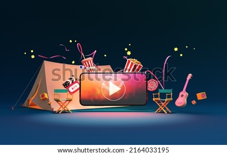 Watching movies online or streaming entertainment media on smartphone with popcorn, ribbon, guitar and picnic chair. camping outdoor tent travel video family time. clipping path. 3D Illustration.