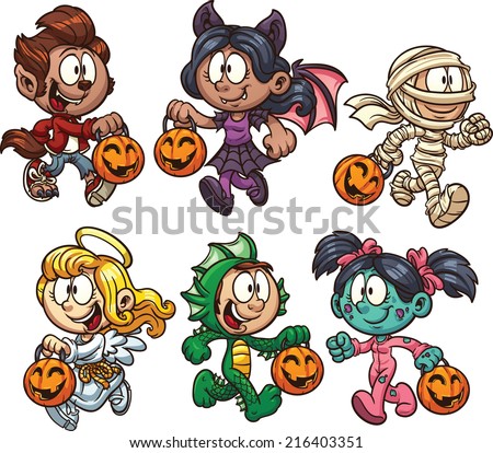 Cartoon Halloween kids. Vector clip art illustration with simple gradients. Each on a separate layer.