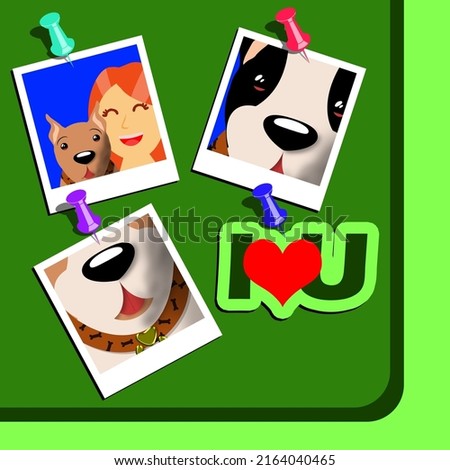 Cute photos of pet dogs with their owners pinned on a green board with an i love you logo sticker on green background