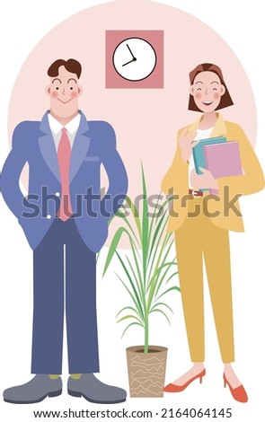 Two business people are standing in an office looking at us.vector illustration
