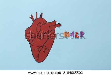 The concept of the treatment of heart disease. Anatomical paper heart with the word halp on a blue background. Top view
