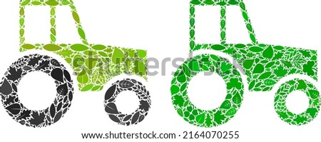 Eco wheeled tractor icon mosaic of herbal leaves in green and natural color tints. Ecological environment vector template for wheeled tractor icon.