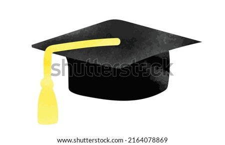 Black graduation cap hand watercolor drawing vector isolated on white background. Graduate cap with tassel watercolor clipart. Academic hat watercolor artistic clipart