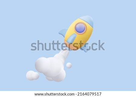 3d flying space rocket with spewing smoke. Spaceship launch on blue background. space for business startup concept. Realistic creative cartoon 3d minimal style. 3d rocket icon vector illustration