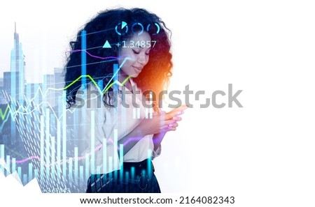 Black businesswoman typing in smartphone, double exposure hud with financial data. Forex stock market hologram and New York cityscape. Concept of mobile app. Copy space