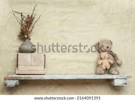 toys on a wooden shelf as digital backdrop or background for newborn baby photography, newborn photo setup and decorations. High quality photo Royalty-Free Stock Photo #2164091391