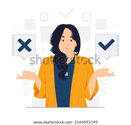 Concept illustration of Woman choose between right or left, yes or no, Business decisions, ethical dilemma, choose, choice, undecided flat cartoon style Royalty-Free Stock Photo #2164092149