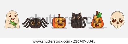 A set of characters for your Halloween design. Spider, pumpkin, skull, cat, ghost. Symbols of a happy Halloween holiday. Vector illustration
