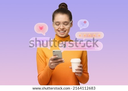 Pretty stylish female blogger checking social media notifications holding smartphone and plastic cup of coffee surrounded with speech bubbles, isolated over blue gradient background Royalty-Free Stock Photo #2164112683