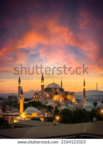 Illuminated Hagia Sophia and beautiful sunset in Istanbul, Turkey Royalty-Free Stock Photo #2164121023