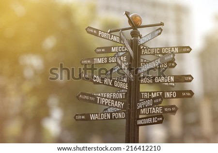 Pioneer Courthouse Square Signpost, Directional Marker to world landmarks on Pioneer in Portland, Oregon Royalty-Free Stock Photo #216412210