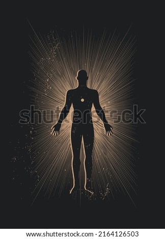 Spiritual human body silhouette surrounded sun rays on black background. Trance or meditation or astral body concept illustration for poster or wall art print design. Vector illustration Royalty-Free Stock Photo #2164126503