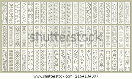 Big set of vertical panels, gratings. Abstract ornament, geometric, classic, oriental pattern, floral and plant motifs. Template for plotter laser cutting of paper, metal engraving, wood carving, cnc. Royalty-Free Stock Photo #2164134397