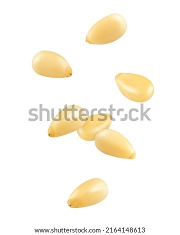 Falling Pine nuts isolated on white background, clipping path, full depth of field Royalty-Free Stock Photo #2164148613