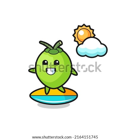 Illustration of coconut cartoon do surfing on the beach , cute style design for t shirt, sticker, logo element