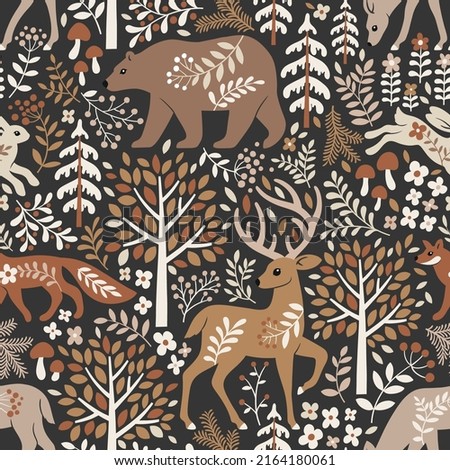 Seamless vector pattern with cute woodland animals, trees and leaves. Scandinavian woodland illustration. Perfect for textile, wallpaper or print design.