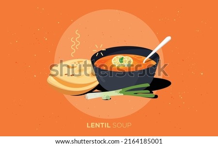 Egyptian lentil soup with parsley and lemon in deep bowl with Bread and Spring Onion Royalty-Free Stock Photo #2164185001