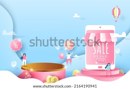 online shopping. golden podium blue background. decoration, Podium, percentage, sale, smart phone, people. paper cut and craft style. vector art and illustration. Version 2