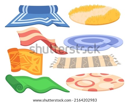 Different carpets. Cozy cartoon carpet, floor mat for interior decoration. Round and square rugs, isolated neat fluffy home textile vector set Royalty-Free Stock Photo #2164202983