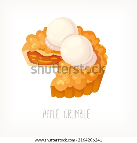 Traditional english apple crumble pie served with balls of ice cream. Isolated vector illustration.