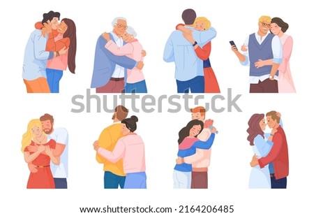 Cuddling couple. Romantic beautiful couples cuddle, love characters woman hug man adult boyfriend, intimacy relationship hugging people reunion friends, swanky vector illustration Royalty-Free Stock Photo #2164206485