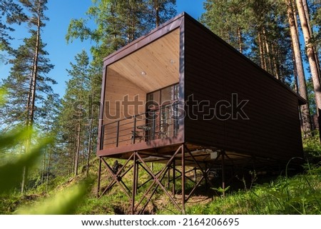 House or hotel with panoramic windows in pine forest. Beautiful summer morning with light sun. Nature or resting and travel concept