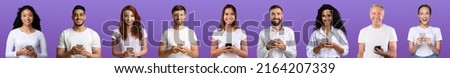 Smiling young and old european men and women in white clothes with smartphones isolated on purple background, studio. Good offer, ad, app and technology, facial expressions, communication due covid-19 Royalty-Free Stock Photo #2164207339