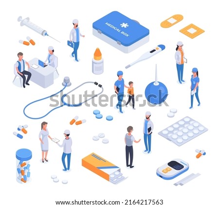 Isometric medical elements and health care workers, hospital doctor characters. Medical staff, patients and health supplies vector illustration set. Health care medical collection Royalty-Free Stock Photo #2164217563