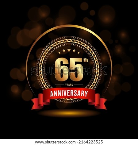 65 years anniversary logo with golden ring and ribbon for booklet, leaflet, magazine, brochure poster, banner, web, invitation or greeting card. Vector illustrations.