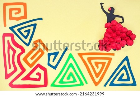Creative paper craft Hispanic heritage month flat lay with traditional Guna people  textile design elements and salsa dancer