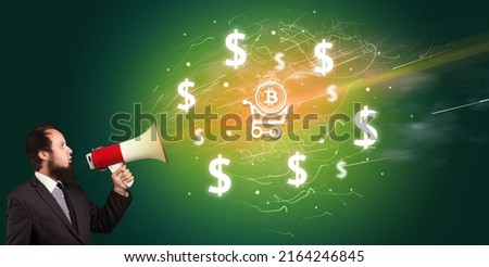 Young person with megaphone and currency icon